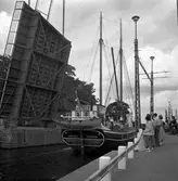 Kerstin Åsén står tillsammans med andra åskådare och tittar på hur en båt åker förbi under broöppning av Vindbron (Vinnebroa) i Jönköping.