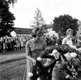 Montering av kransar på midsommarstången i Brevens bruk, 1961