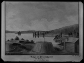 Utsikt från Brunnshyttan, Hällefors, till Vasselsjön. Lavering av J.G. Schultz, 1849.