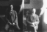 Två mansporträtt på samma glasplåt föreställande Justus Johansson i Sandsered och Sigfrid Svensson. Båda fotograferade inomhus i samma rum (se även bildnr HB496, HB505)
Sandsered, Drängsered.