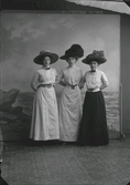 Ateljébild av tre unga kvinnor i modernt storbrättade hattar, s k kvarnhjulshattar. Beställare: Linnéa Andersson.