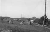 Stensättning vid byvägen i Apelröd, Onsala. En gård lägger bortom stenarna. Längs vägen står telefonstolpar och hagen hägnas av trådstaket.  (Se även bildnr E7024)