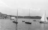 Olika typer av segelbåtar på vattnet i Sörvik, Särö. Bergen kantar havsviken och till vänster ses bryggor och några bodar.