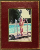 Flicka med docka vid pool, 1970-tal