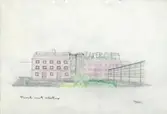 Fasad mot väster av F. Ahlgrens Tekniska Fabrik. skiss på smörpapper.