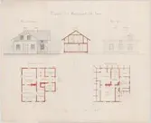 Kolorerad arkitektritning av Hugo Hammarskjöld. Projekt: Mejeribyggnad vid Tuna. Utan årtal.