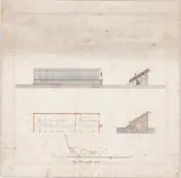 Kolorerad arkitektritning av Hugo Hammarskjöld. Växthus. Projekt under studietiden i Stockholm 1865: Byggnad med rum för odling av vindruvor och fruktträd.