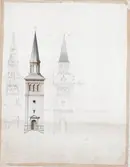 Kolorerad arkitektritning av Hugo Hammarskjöld. Projekt: Marbäcks kyrka, torn. Aneby pastorat. Ritning utan årtal. Tornet byggdes 1879.