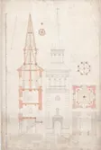 Kolorerad arkitektritning av Hugo Hammarskjöld. Projekt: Marbäcks kyrka, torn. Aneby pastorat. Ritning utan årtal. Tornet byggdes 1879.