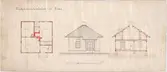 Kolorerad arkitektritning av Hugo Hammarskjöld. Projekt: Trädgårdsmästarebostad Tuna gård. År 1915.