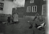 Anna-Lena Svensson i Ry, Veddige står på gården med en liten pojke. Hönsen går intill och pickar och en trött man vid en cykel lutar sig mot den mörkfärgade byggnaden, vars entrédörr saknar trappa.