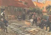 En gammal bild som man gärna associerar med Falkenberg: Laxauktioner! På Robert Lundbergs målning från 1892 säljes laxfångsten en tidig morgon på Möllers gård vid Storgatan 38. I skuggan på den kringbyggda gården, dit morgonsolensstrålar når, sitter flera i staden välkända personer som laxhandlare Algernon Stenberg längst t.v. Smedmästare Johan Möller betraktar själv lugnt skådespelet från dörröppningen t.v.(text från boken Falkenbergs stad att bevara).  Ytterligare en uppgift finns vilka personer som finns med på bilden, se under mappen forskning och lax. (I denna dator) digital bild se V:\MUSEET\_Samlingar\Gamla stads- och laxfiskebilder även Punchverandan.