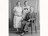 Två kvinnor och en man, troligen syskon. Kvinnorna bär storrutiga klänningar, den ena med stor rosett i halslinningen. Torsten Dahl från Fotskäl beställde bilden och kan vara deras far eller den unge mannen på bilden.