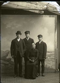 Kvinna omgiven av tre yngre män, kanske hennes söner. En bär kubb och två har vegamössor. Bilden är beskuren så havsfonden och takfönstret i Björkströms ateljé är synliga. Beställare: Karl Johansson, Maud Kaltenberg.