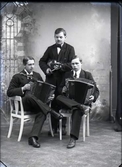 Tre unga män med musikinstrument; två på dragspel och  en med fiol. Sannolikt är beställaren John Hammar, Västra Gärdet en av dem och troligen är bilden tagen i Björkströms Falkenbergsfilial.