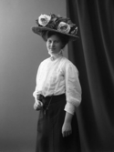 Porträtt i halvfigur av fotografens hustru, modisten Elin Björkström med en bredbrättad hatt med mycket stor blomdekor, sannolikt hennes egen tillverkning. Hon bär en höghalsad blus med stråveck och spetsdekorer, en halsbrosch och en lång kedja om halsen. De gifte sig 1910 så fotot är sannolikt taget under tidigt 1910-tal.