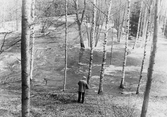Erik Hedberg tittar på vårflodens översvämning i Järle i Ervalla, 1977