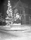 Julgran bredvid bröderna Petris staty vid Olaus Petrikyrkan, 1930 ca