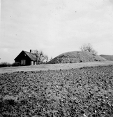 Vy över Lugnarohögen med intilliggande stuga i Hasslöv socken, sett från väster.