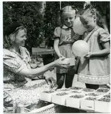 Västerås.
Kvinna säljer hallon på Stora torget, 1947.