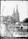 Vy över Akademikvarnen, Kvarnfallet och Uppsala domkyrka 28 juli 1889