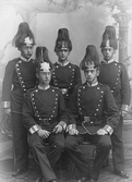 Ur grosshandlare Oskar Nordbloms fotoalbum. Fem unga män i uniformer med plymförsedda kaskar (pickelhuvor). Meddela oss gärna om du vet vilken typ av militärer som bar denna uniform.