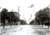 Ur byggmästare Johannes Nilssons fotoalbum från 1914. Eskilsgatan prydd med flaggstänger ända upp till Hantverks- och Industriutställningen i Varberg år 1904. Då är Sverige fortfarande i union med Norge så det är den svenska unionsflaggan som vajar i vinden. Bakom alléträden skymtar de s k Tvillinghusen.