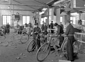 Unga arbetare i AB Cykelfabriken Monark. Cyklarna paketeras noggrannt in för vidare transport.