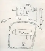Planritning över komministergården i Pelarne.

Översiktsplan 1925

1. Manbyggning
2. Flygel. Timmer i  stolpar
3. Vedbod, ny
4. Bod med utskjutande överbotten (foto)
5. Lada
6. Ladugårdslänga i skift, gammal.
7. Kyrkstall, nytt.
8. Vagnbod av timmer, liten.