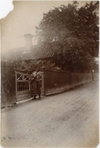 Flicka i folkdräkt står vid en grind, Östhammar 1897
