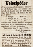 Velocipéder. Ur Tidning för Wenersborgs stad och län. 1869-06-04