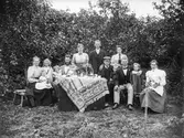 Släktgrupp 14 personer i trädgården. 
Skräddare Ringström, Ormesta, Almby socken.