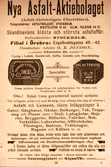 Annons för Nya Asfalt-aktiebolaget i Örebro adresskalender, ca 1900