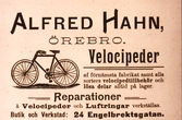 Annons för Alfred Hahn velocipeder i Örebro adresskalender, ca 1900