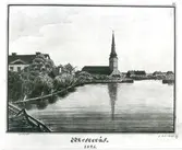 Västerås.
Tavla med parti av Svartån mot söder, med Domkyrkan.