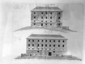 Västerås slott. Slottets södra fasad överst och östra fasad nederst. Uppmätning i februari månad 1814, P.W. Palmroth.