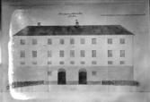 Västerås slott. Ritning, östra längans ytterfasad före 1920,