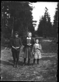 Tre barn, en pojke och två flickor, på skogsväg.