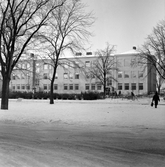 Elever väntar vid entréerna på Vasaskolan, 1960