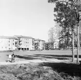 Tvättkorg körs på cykel genom Baronbackarna, 1960-tal