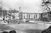 Barn på stor sten vid gräsmatta i Baronbackarna, 1960-tal