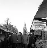 Unga besökare går förbi mattförsäljningen på Hindersmässan, 1960-tal