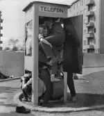 Sexton killar från klass 8 B i Kungsbergsskolan försöker slå det svenska rekordet i hur många som ryms i en telefonkiosk samtidigt som en av dem ringer ett samtal