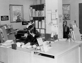 Bibliotekarien Katarina Rasmussen arbeter med katalogen, 1985