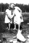 Flickor som matar höns vid Solstugan i Hovsta, 1920-tal