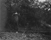 Lennart med farfars gevär i Yxtabacken i Hovsta, 1920-tal