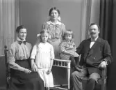 Ateljébild av John Thölin från Värö med makan Selma och sina tre barn. Döttrarna Anna Gustava, stående, och Margit fick John med sin första hustru Hilma (1875-1910). Selma och Johns son Carl-Gustaf sitter på bordet och var två år vid fototillfället. Selma arbetade som småskollärare i Värö. Alla barnen kom att bo och arbeta i Lundatrakten: Margit blev tandtekniker, Anna Gustava folkskollärare (även i Malmö) och Carl-Gustaf präst med utlandsuppdrag inom Lutherska världsförbundet och senare kontraktsprost i Uppåkra.