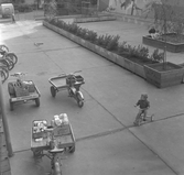 Tre budcyklar samsam med lekande barn på gården Trädgårdsgatan 24, 1960-tal