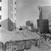Barn leker i snöhög på gården Drottninggatan 56, 1970-tal