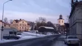 Alfta centrum med kyrkan. Till vänster i bild Alfta Bazaren.